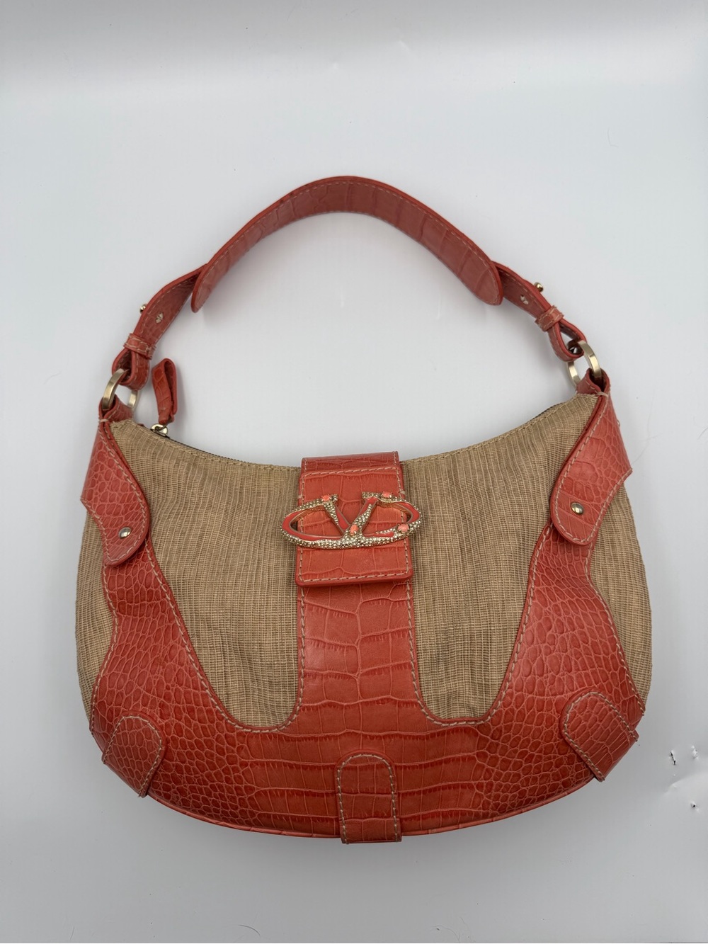 Valentino Garavani Vintage Coral Croc Raffia Enamel Crystal V-Logo Hobo Bag